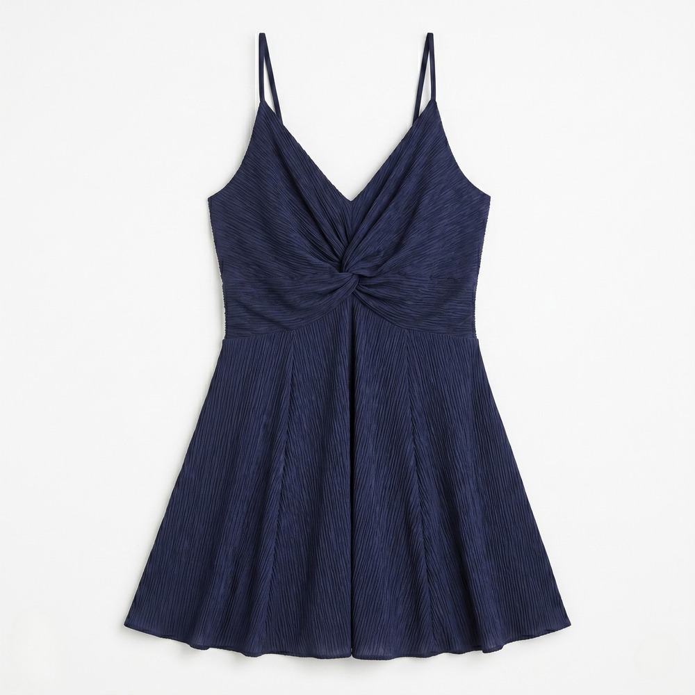 Abercrombie Fitch Womens XL Navy Twist Front Mini Dress Crinkle Strappy VNeck
